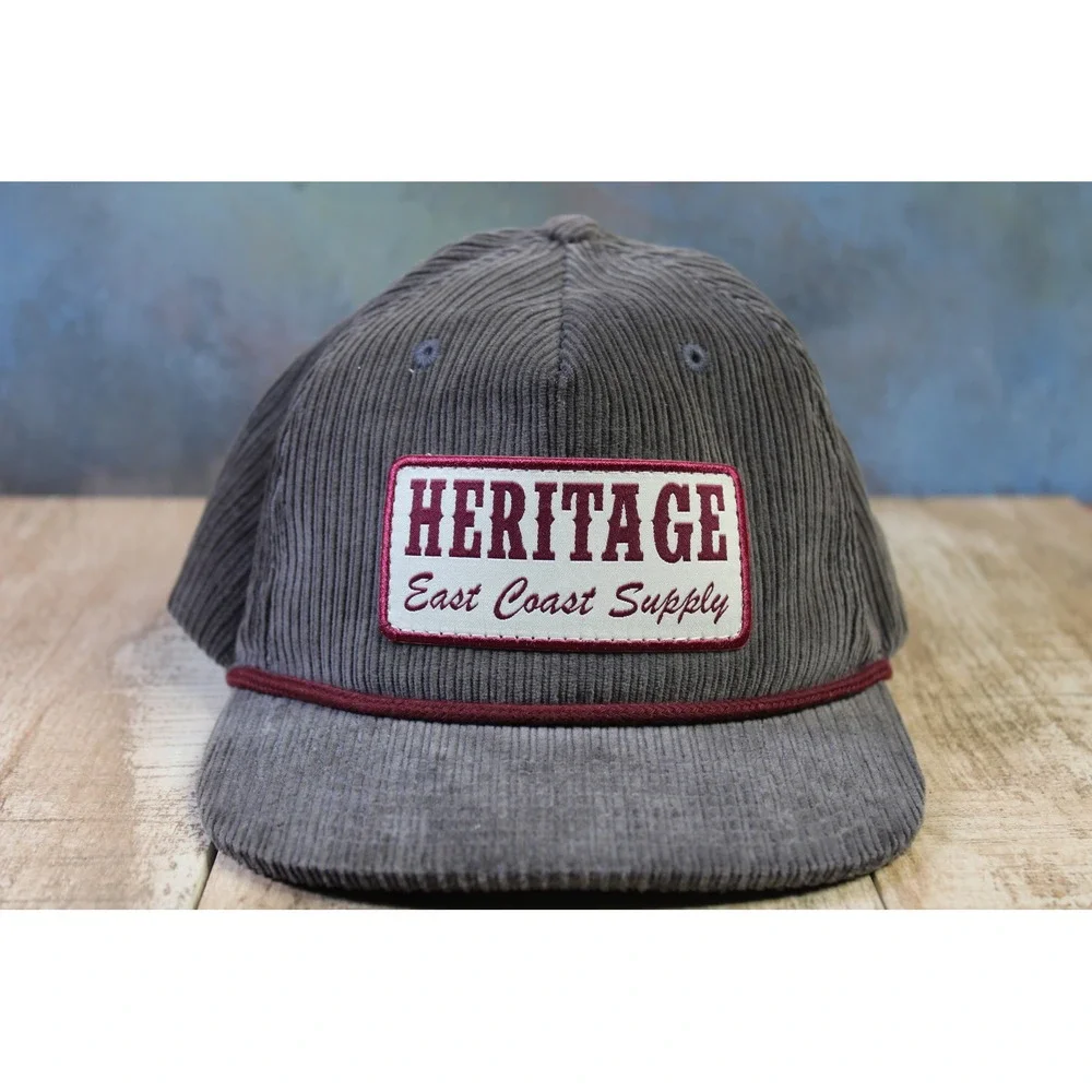 Heritage East Coast Supply Corduroy Snapback Hat Grey Burgundy Rope Trucker Cap